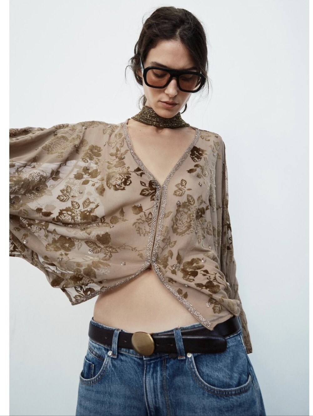 ZARA FLOCKED EMBROIDERED BLOUSE